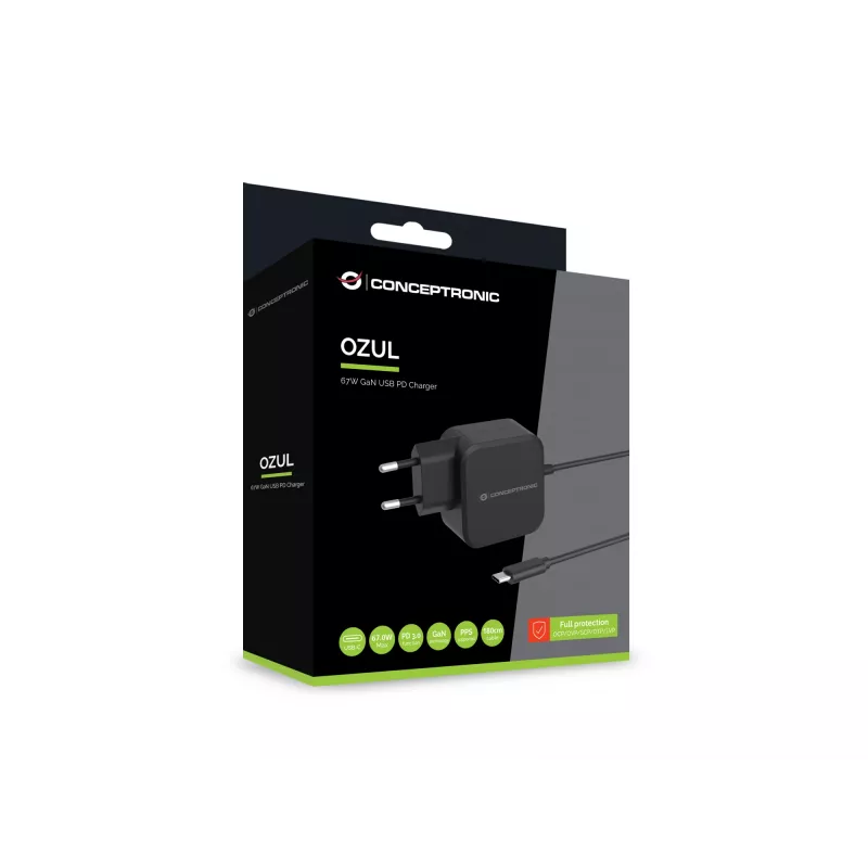 Conceptronic OZUL04BE 67W GaN USB PD Charger, Built-in USB-C kabel