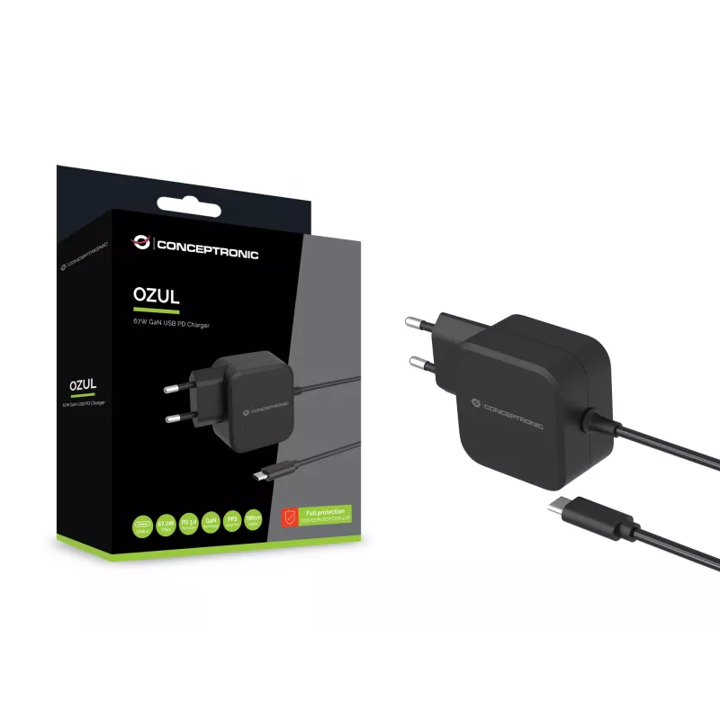 Conceptronic OZUL04BE 67W GaN USB PD Charger, Built-in USB-C kabel