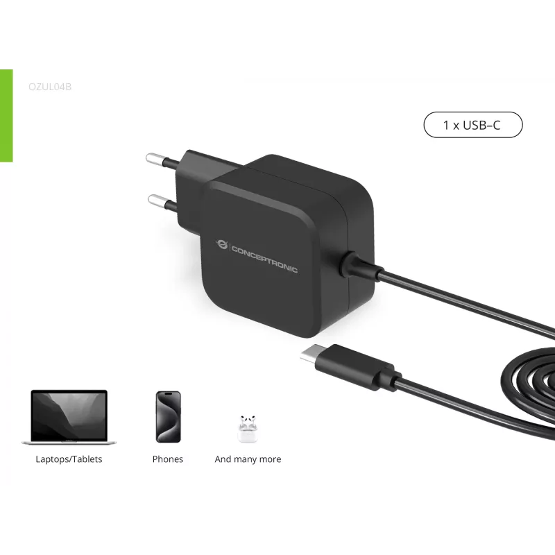 Conceptronic OZUL04BE 67W GaN USB PD Charger, Built-in USB-C kabel