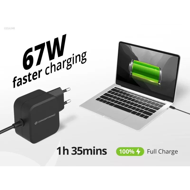 Conceptronic OZUL04BE 67W GaN USB PD Charger, Built-in USB-C kabel