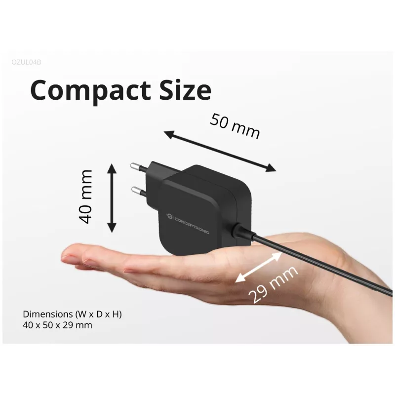 Conceptronic OZUL04BE 67W GaN USB PD Charger, Built-in USB-C kabel