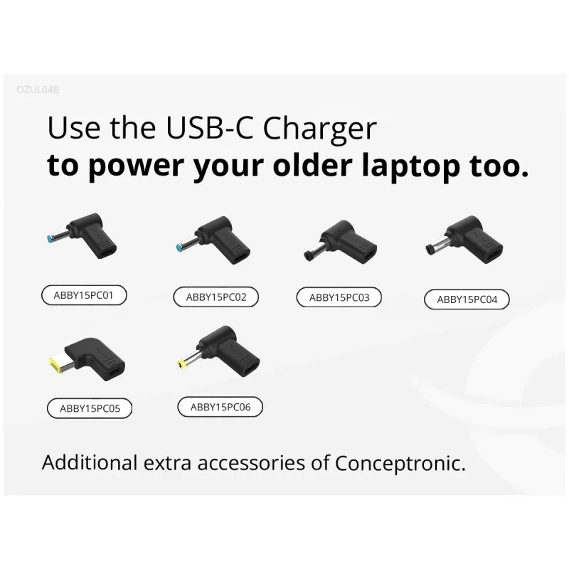 Conceptronic OZUL04BE 67W GaN USB PD Charger, Built-in USB-C kabel