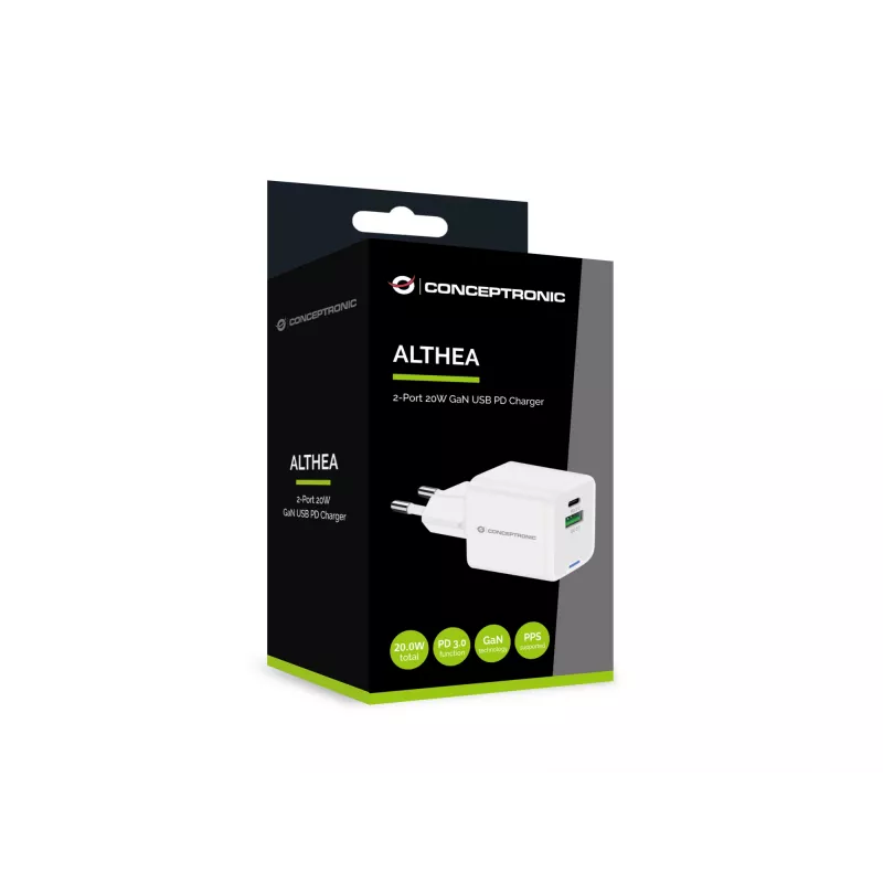 Ładowarka Conceptronic 2-portowa 20W GaN USB PD, USB-C x 1, USB-A x 1, QC 3.0, PPS
