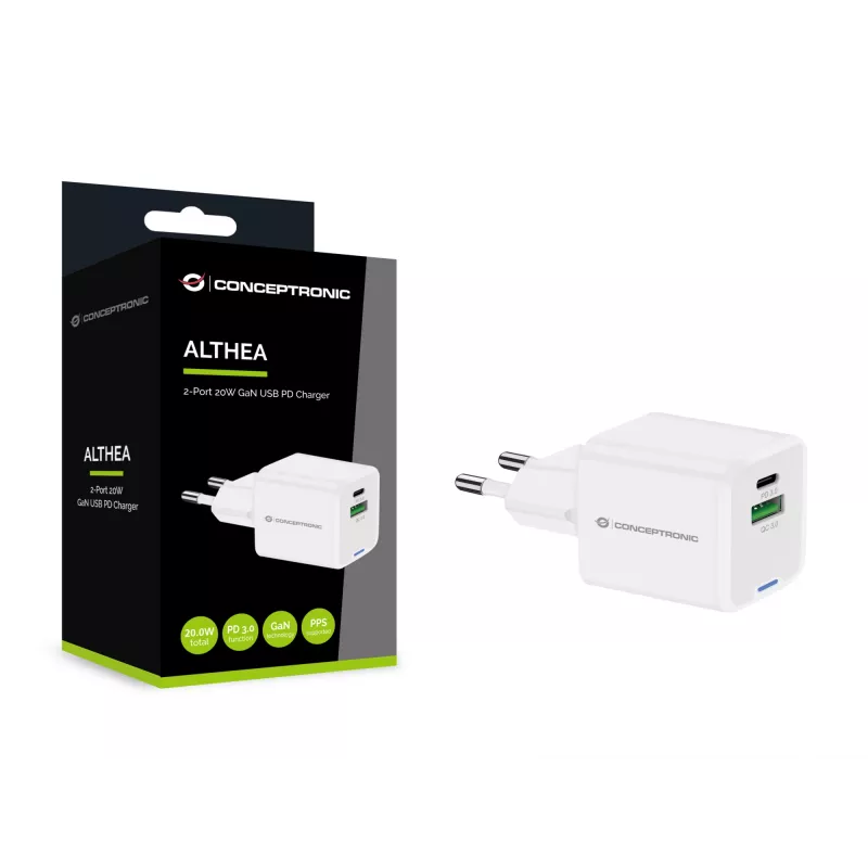 Ładowarka Conceptronic 2-portowa 20W GaN USB PD, USB-C x 1, USB-A x 1, QC 3.0, PPS