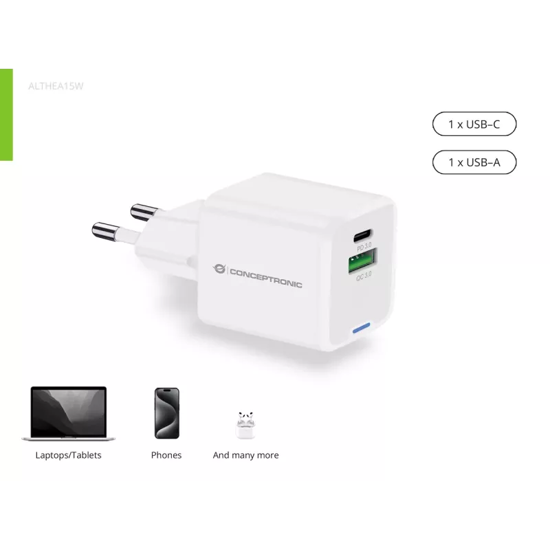 Ładowarka Conceptronic 2-portowa 20W GaN USB PD, USB-C x 1, USB-A x 1, QC 3.0, PPS