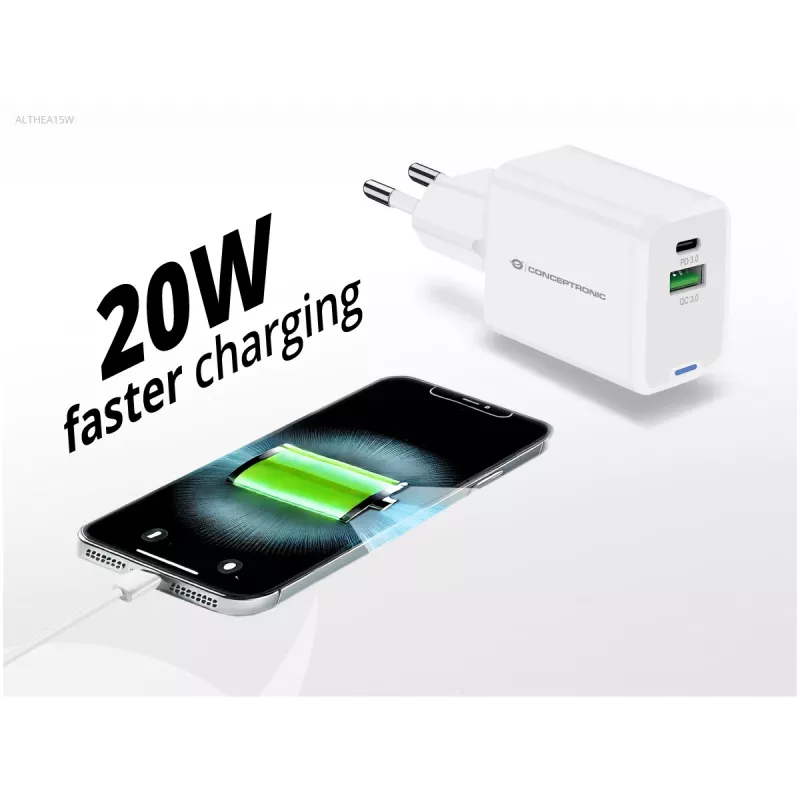Ładowarka Conceptronic 2-portowa 20W GaN USB PD, USB-C x 1, USB-A x 1, QC 3.0, PPS