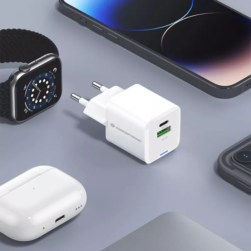 Ładowarka Conceptronic 2-portowa 20W GaN USB PD, USB-C x 1, USB-A x 1, QC 3.0, PPS