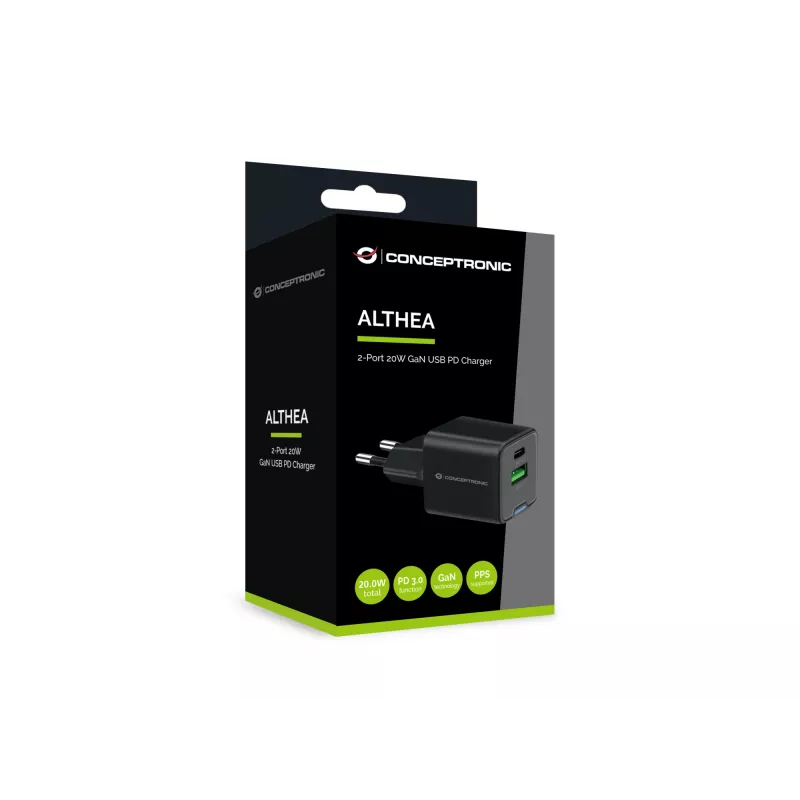 Ładowarka sieciowa Conceptronic 2-portowa 20W GaN USB PD, USB-C x 1, USB-A x 1, QC 3.0, PPS