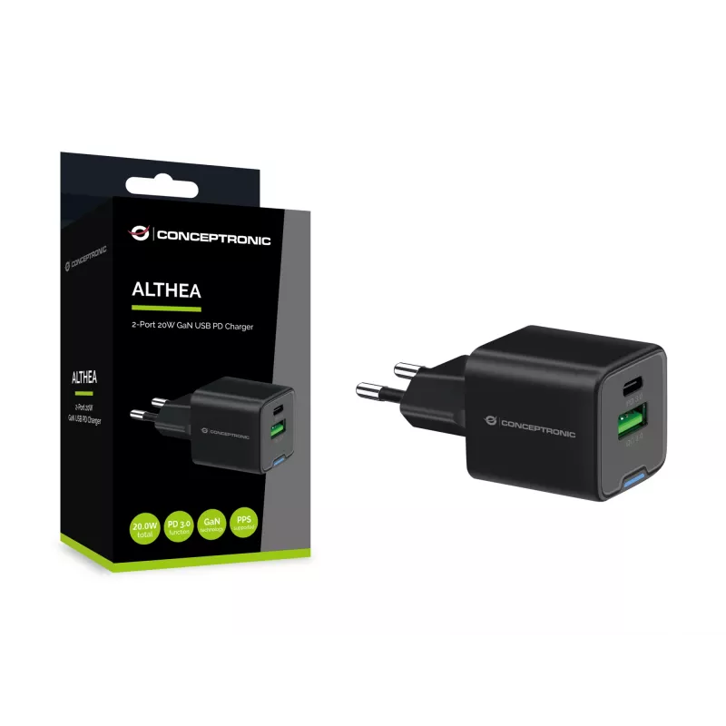 Ładowarka sieciowa Conceptronic 2-portowa 20W GaN USB PD, USB-C x 1, USB-A x 1, QC 3.0, PPS