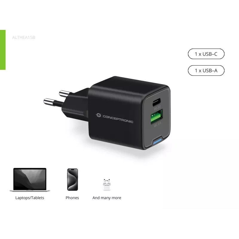 Ładowarka sieciowa Conceptronic 2-portowa 20W GaN USB PD, USB-C x 1, USB-A x 1, QC 3.0, PPS