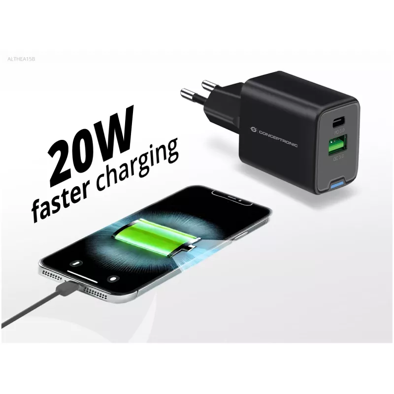 Ładowarka sieciowa Conceptronic 2-portowa 20W GaN USB PD, USB-C x 1, USB-A x 1, QC 3.0, PPS