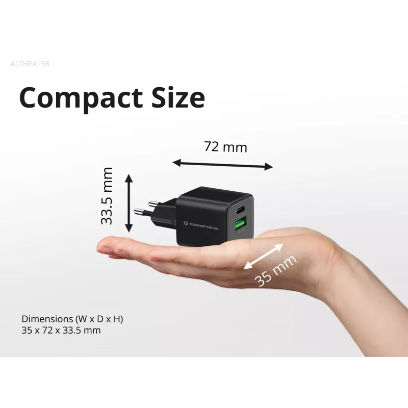 Ładowarka sieciowa Conceptronic 2-portowa 20W GaN USB PD, USB-C x 1, USB-A x 1, QC 3.0, PPS
