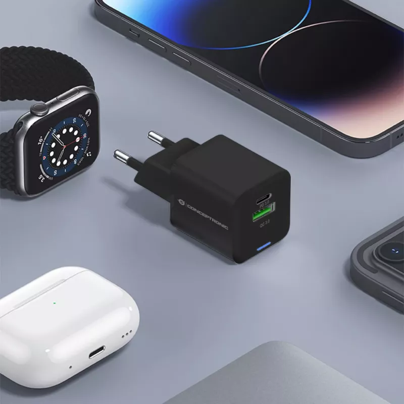 Ładowarka sieciowa Conceptronic 2-portowa 20W GaN USB PD, USB-C x 1, USB-A x 1, QC 3.0, PPS