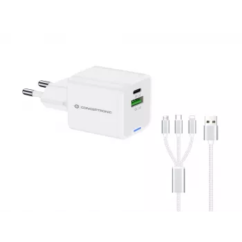 Ładowarka sieciowa Conceptronic 2-portowa 33 W GaN USB PD z kablem ładującym 3-w-1, USB-C x 1, USB-A x 1, QC 3.0, PPS