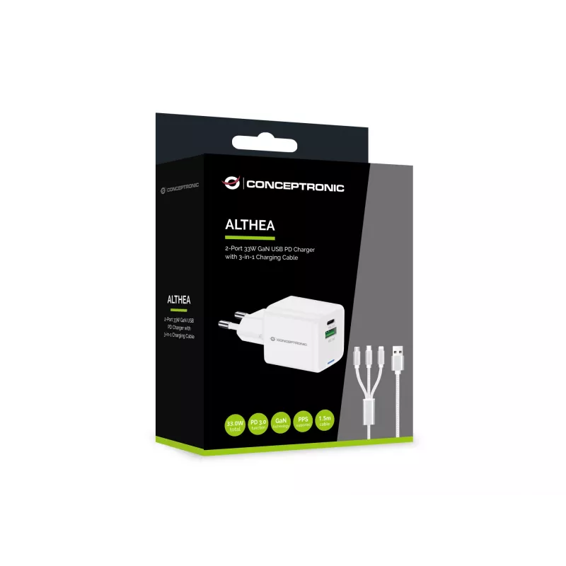Ładowarka sieciowa Conceptronic 2-portowa 33 W GaN USB PD z kablem ładującym 3-w-1, USB-C x 1, USB-A x 1, QC 3.0, PPS