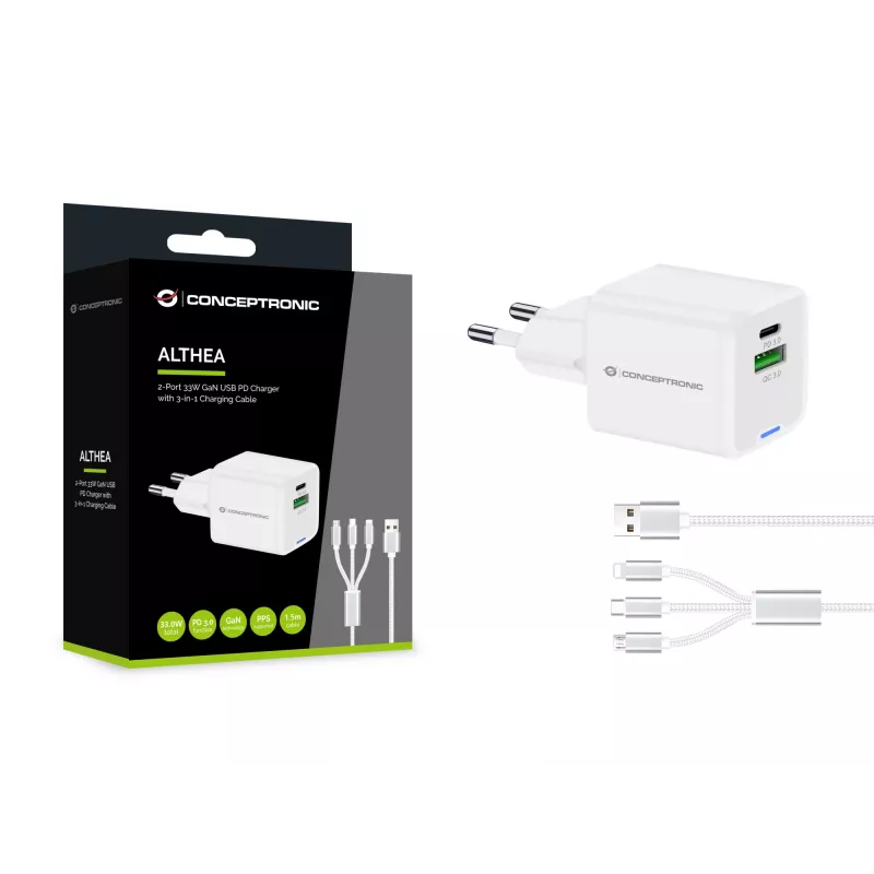 Ładowarka sieciowa Conceptronic 2-portowa 33 W GaN USB PD z kablem ładującym 3-w-1, USB-C x 1, USB-A x 1, QC 3.0, PPS
