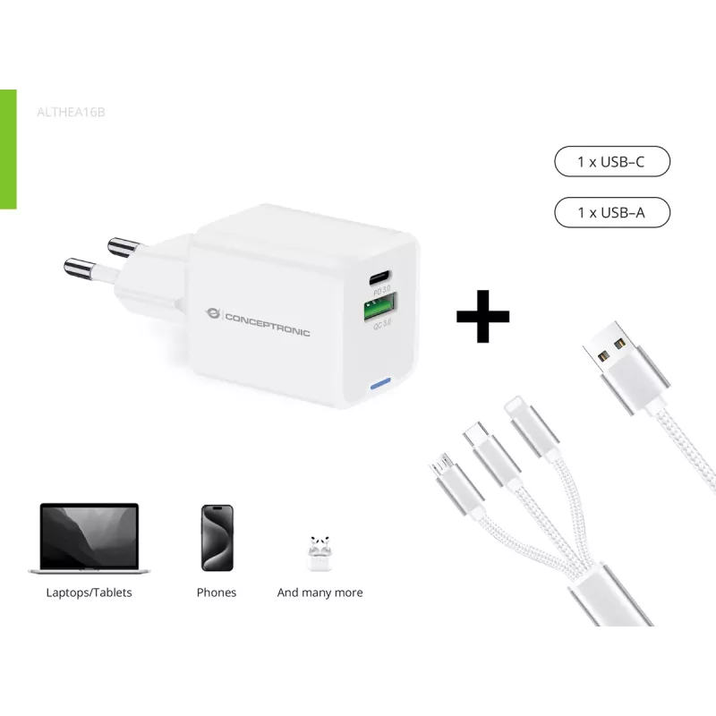 Ładowarka sieciowa Conceptronic 2-portowa 33 W GaN USB PD z kablem ładującym 3-w-1, USB-C x 1, USB-A x 1, QC 3.0, PPS