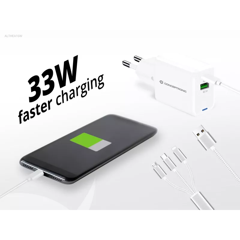 Ładowarka sieciowa Conceptronic 2-portowa 33 W GaN USB PD z kablem ładującym 3-w-1, USB-C x 1, USB-A x 1, QC 3.0, PPS