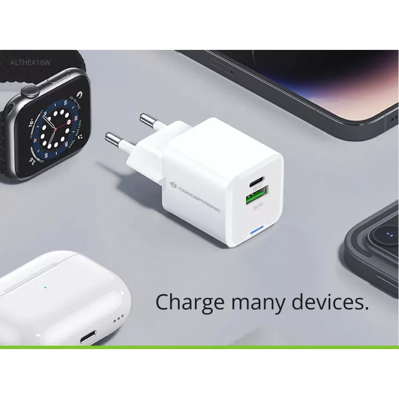 Ładowarka sieciowa Conceptronic 2-portowa 33 W GaN USB PD z kablem ładującym 3-w-1, USB-C x 1, USB-A x 1, QC 3.0, PPS