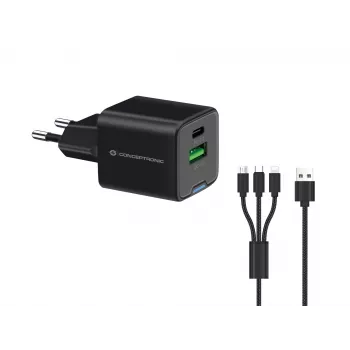 Conceptronic 2-Port 33W GaN USB PD Charger z kablem 3-w-1, USB-C x 1, USB-A x 1, QC 3.0, PPS