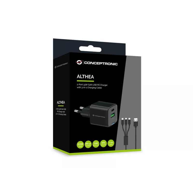 Conceptronic 2-Port 33W GaN USB PD Charger z kablem 3-w-1, USB-C x 1, USB-A x 1, QC 3.0, PPS