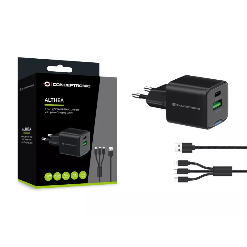 Conceptronic 2-Port 33W GaN USB PD Charger z kablem 3-w-1, USB-C x 1, USB-A x 1, QC 3.0, PPS