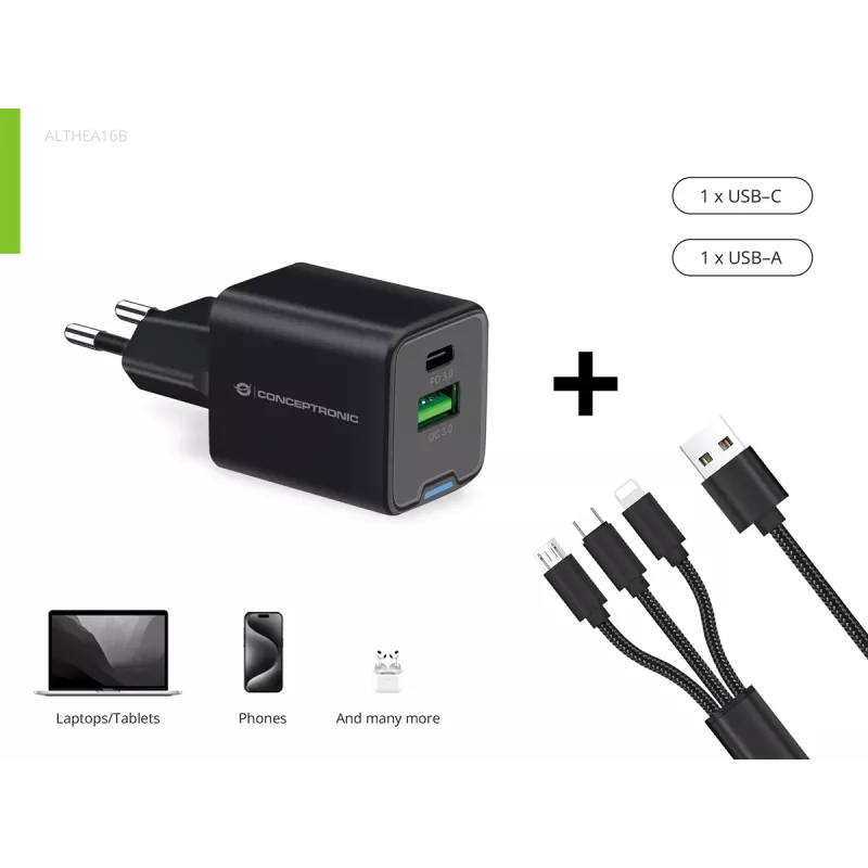 Conceptronic 2-Port 33W GaN USB PD Charger z kablem 3-w-1, USB-C x 1, USB-A x 1, QC 3.0, PPS