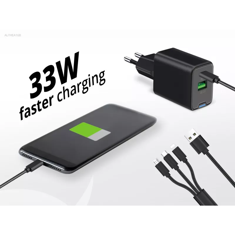 Conceptronic 2-Port 33W GaN USB PD Charger z kablem 3-w-1, USB-C x 1, USB-A x 1, QC 3.0, PPS