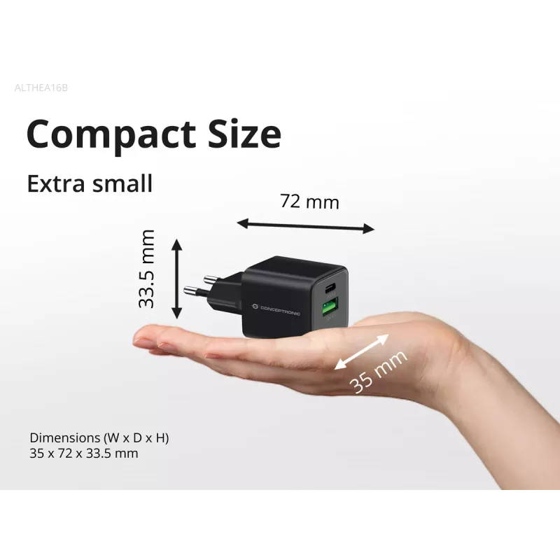 Conceptronic 2-Port 33W GaN USB PD Charger z kablem 3-w-1, USB-C x 1, USB-A x 1, QC 3.0, PPS