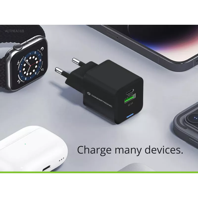 Conceptronic 2-Port 33W GaN USB PD Charger z kablem 3-w-1, USB-C x 1, USB-A x 1, QC 3.0, PPS