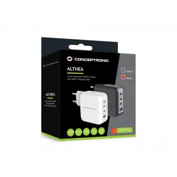 Ładowarka Conceptronic 4-portowa 100 W GaN USB PD z kablem ładującym USB-C, USB-C x 3, USB-A x 1, QC 3.0, PPS
