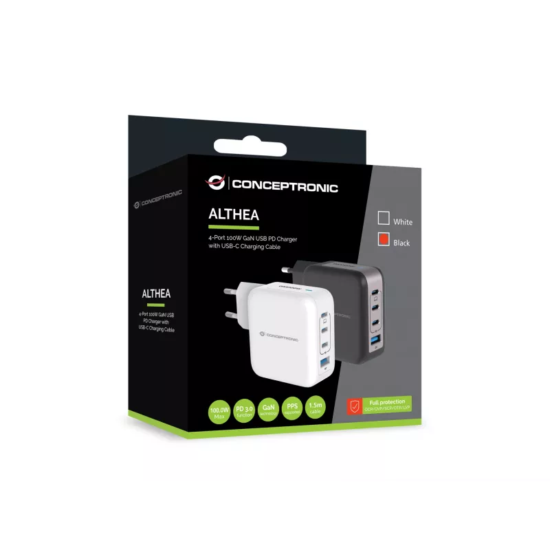 Ładowarka Conceptronic 4-portowa 100 W GaN USB PD z kablem ładującym USB-C, USB-C x 3, USB-A x 1, QC 3.0, PPS