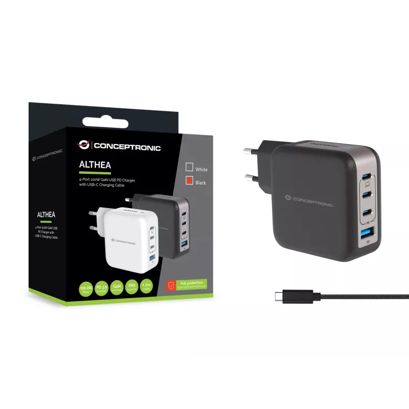 Ładowarka Conceptronic 4-portowa 100 W GaN USB PD z kablem ładującym USB-C, USB-C x 3, USB-A x 1, QC 3.0, PPS