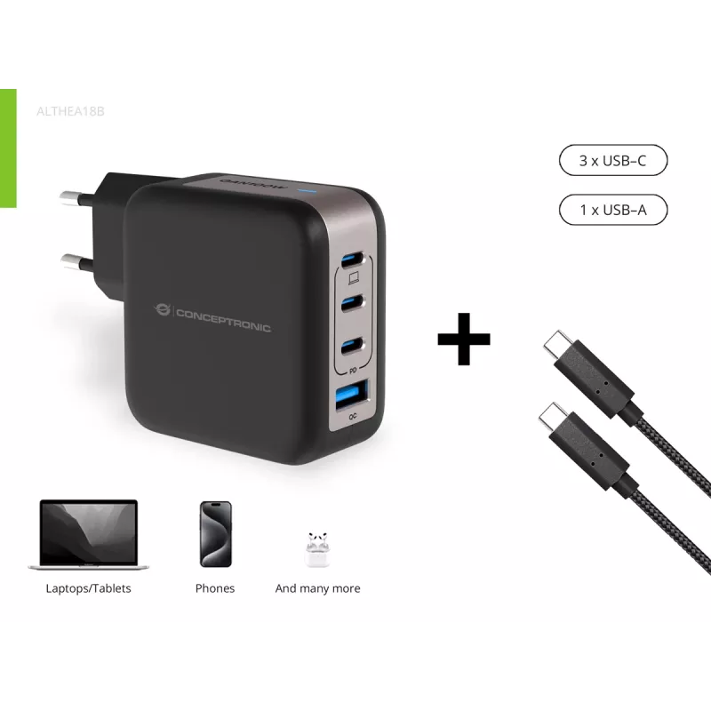 Ładowarka Conceptronic 4-portowa 100 W GaN USB PD z kablem ładującym USB-C, USB-C x 3, USB-A x 1, QC 3.0, PPS