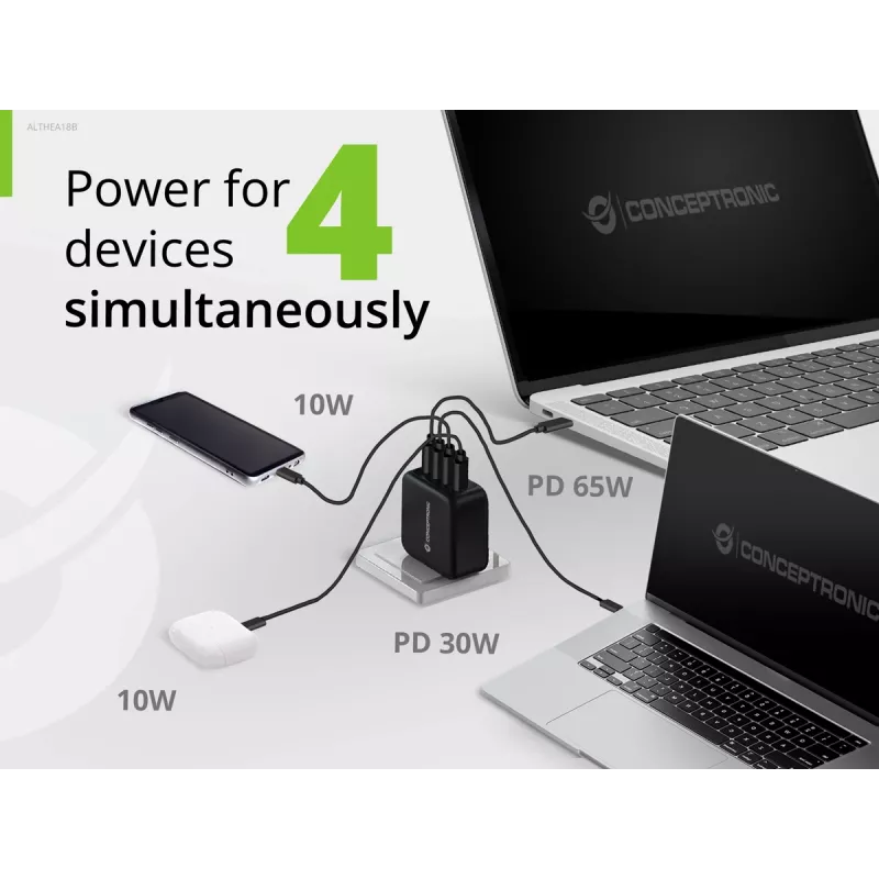 Ładowarka Conceptronic 4-portowa 100 W GaN USB PD z kablem ładującym USB-C, USB-C x 3, USB-A x 1, QC 3.0, PPS