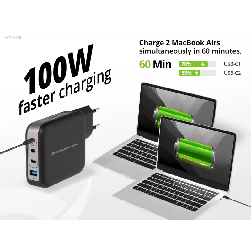 Ładowarka Conceptronic 4-portowa 100 W GaN USB PD z kablem ładującym USB-C, USB-C x 3, USB-A x 1, QC 3.0, PPS