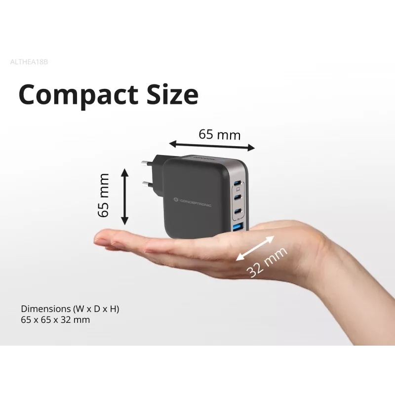 Ładowarka Conceptronic 4-portowa 100 W GaN USB PD z kablem ładującym USB-C, USB-C x 3, USB-A x 1, QC 3.0, PPS