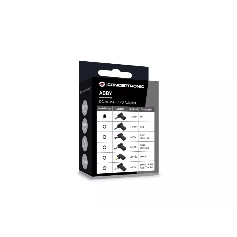 Conceptronic ABBY15PC01 Adapter DC na USB-C, HP 4.5x3.0mm, 18-20V