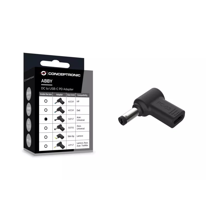Conceptronic ABBY15PC03 Adapter DC na USB-C, Acer/Uniwersalny 5,5x1,7 mm, 18-20 V