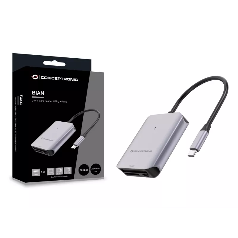 Conceptronic BIAN09G 3-w-1 Czytnik kart USB 3.2 Gen 2, CFast 2.0, SD TF/MicroSD 4.0, UHS-II