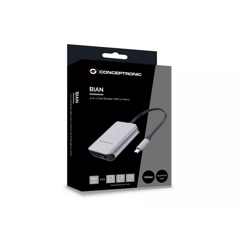 Conceptronic BIAN09G 3-w-1 Czytnik kart USB 3.2 Gen 2, CFast 2.0, SD TF/MicroSD 4.0, UHS-II