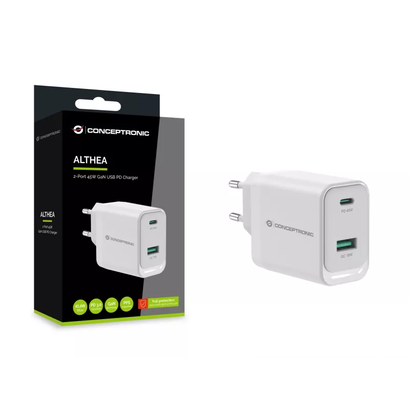 Conceptronic ALTHEA20W45 2-portowa ładowarka USB GaN 45 W PD, USB-C x 1, USB-A x 1, QC 3.0, PPS, PD 3.0