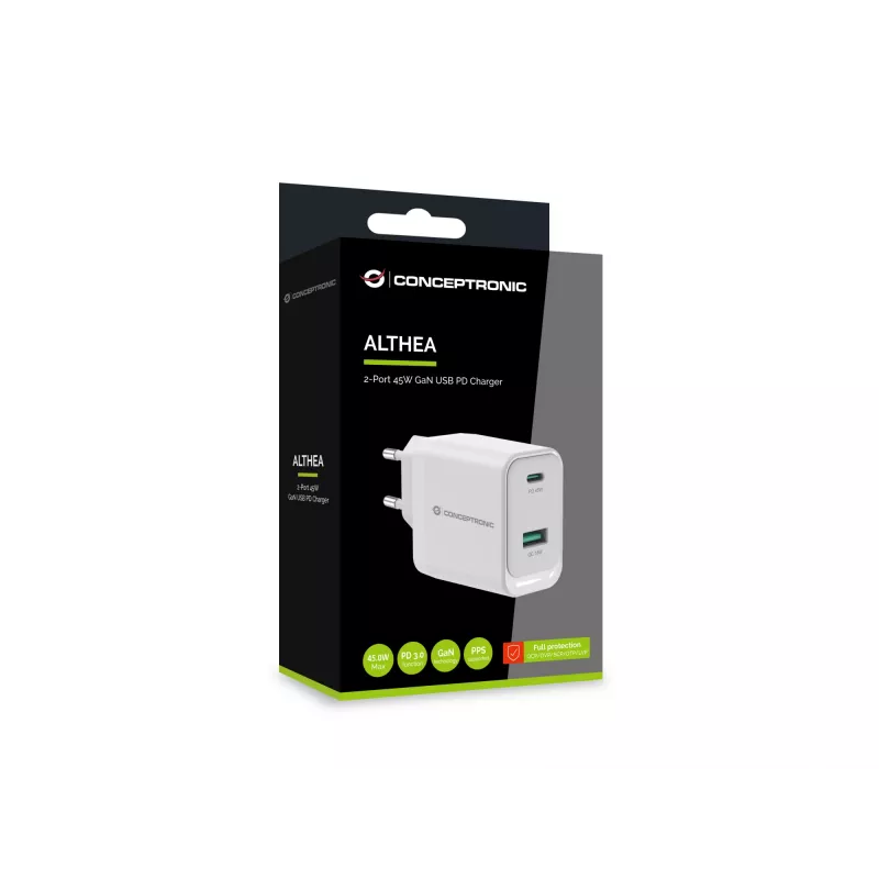Conceptronic ALTHEA20W45 2-portowa ładowarka USB GaN 45 W PD, USB-C x 1, USB-A x 1, QC 3.0, PPS, PD 3.0