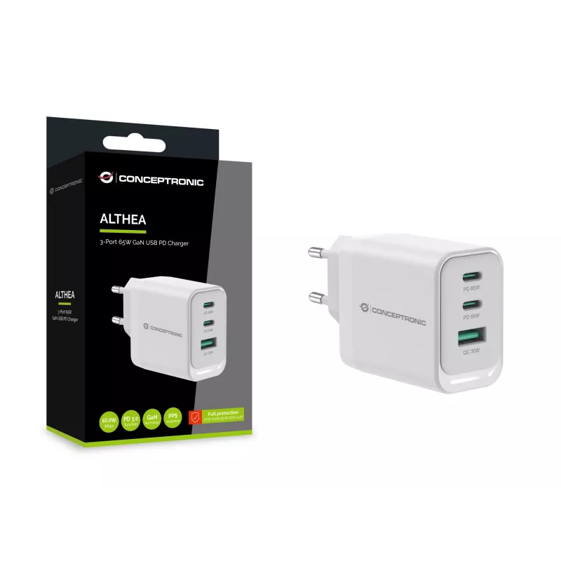 Conceptronic ALTHEA21W65 3-portowa ładowarka USB PD 65 W z GaN, 2 x USB-C, 1 x USB-A, QC 3.0, PPS, PD 3.0