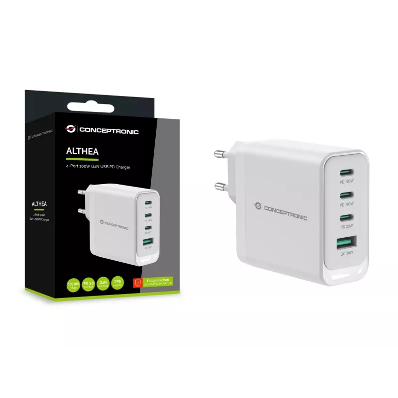 Conceptronic ALTHEA22W100 4-Portowa ładowarka USB PD 100W GaN, USB-C x 3, USB-A x 1, QC 3.0, PPS, PD 3.0