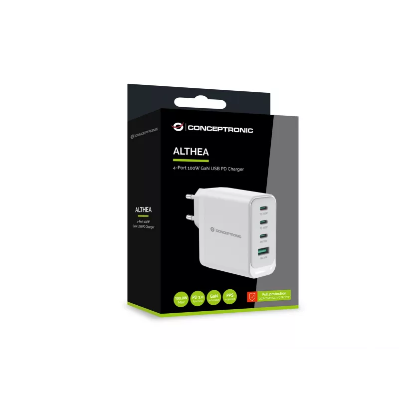 Conceptronic ALTHEA22W100 4-Portowa ładowarka USB PD 100W GaN, USB-C x 3, USB-A x 1, QC 3.0, PPS, PD 3.0