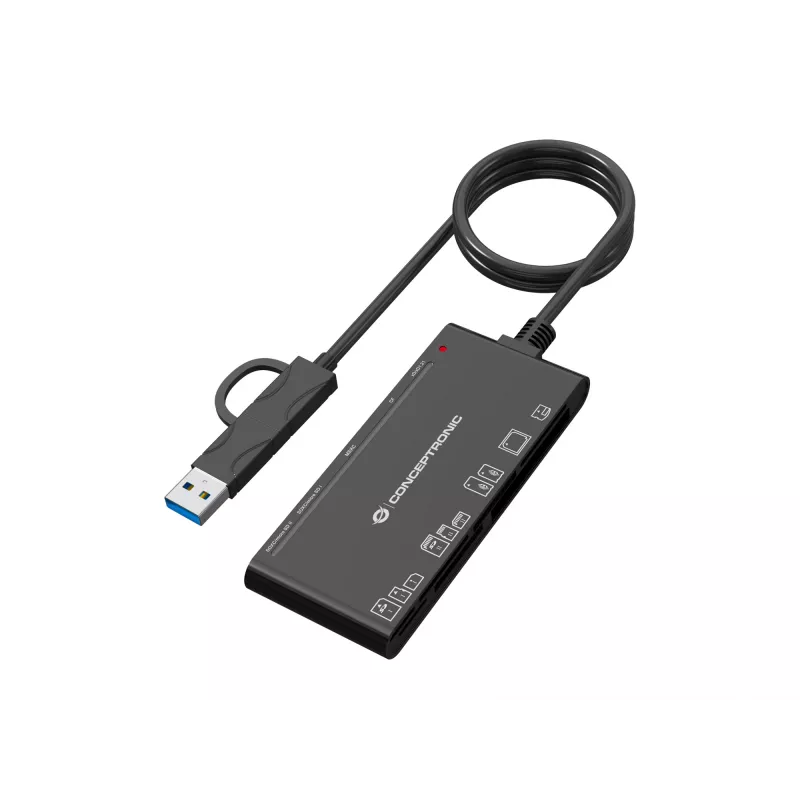 Czytnik kart 7-w-1 CONCEPTRONIC BIAN10B — USB 3.2 Gen 1 Type-A/Type-C, CF/MMC/MS/SD/MicroSD/xD, czarny