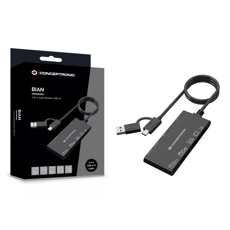 Czytnik kart 7-w-1 CONCEPTRONIC BIAN10B — USB 3.2 Gen 1 Type-A/Type-C, CF/MMC/MS/SD/MicroSD/xD, czarny