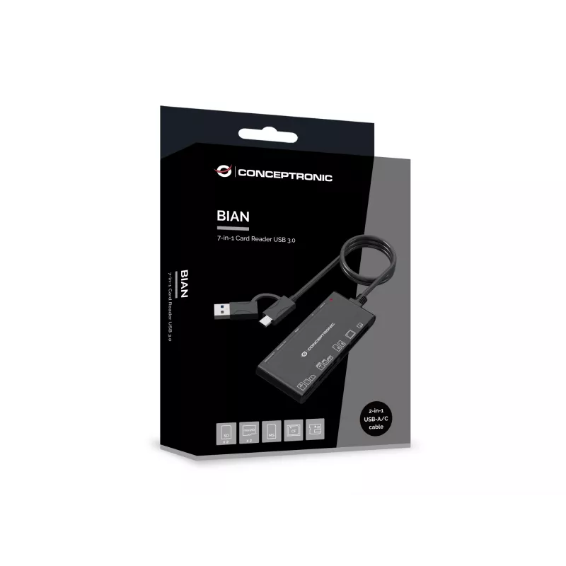 Czytnik kart 7-w-1 CONCEPTRONIC BIAN10B — USB 3.2 Gen 1 Type-A/Type-C, CF/MMC/MS/SD/MicroSD/xD, czarny