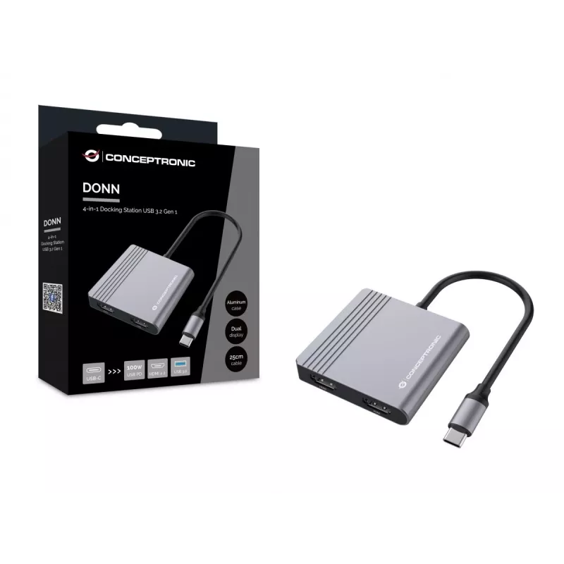 Conceptronic DONN13G stacja dokująca/replikator portów do laptopa Przewodowa USB 3.2 Gen 1 (3.1 Gen 1) Type-C Szary